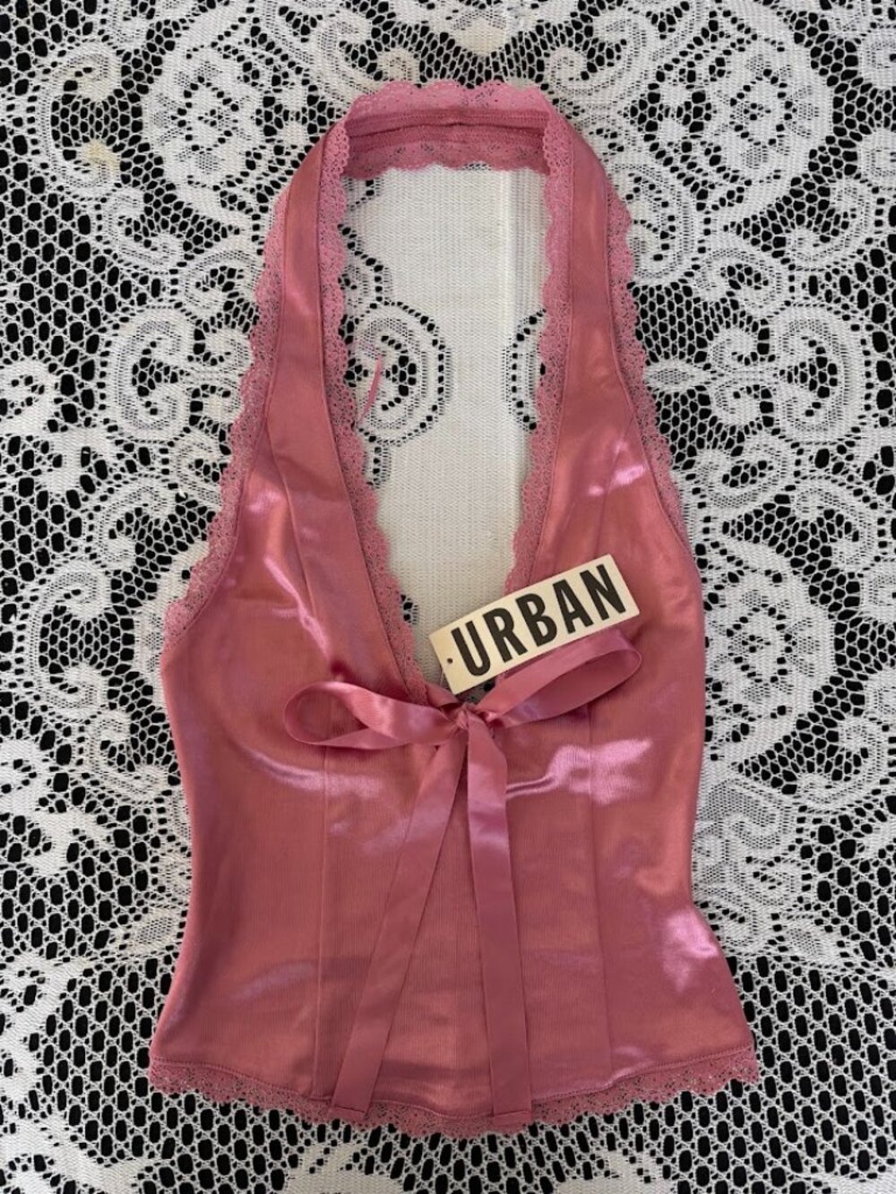 NWT UO Satin Lace-Trim Halter Top Pink - Size XS